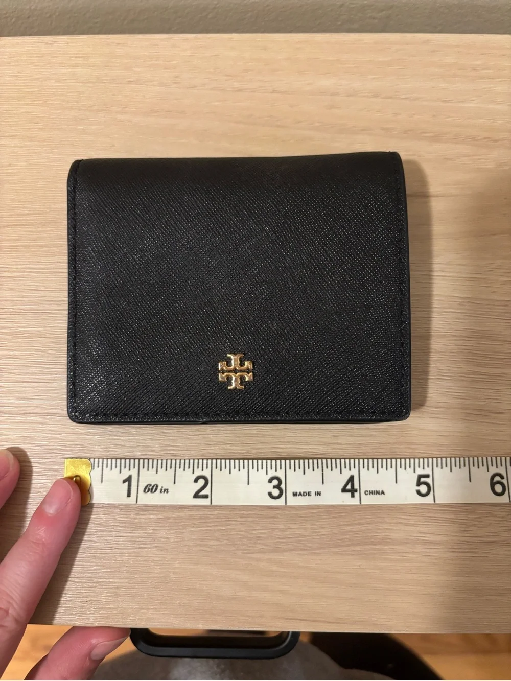 Tory Burch Black Leather Bi-Fold Card Holder with Gold Logo